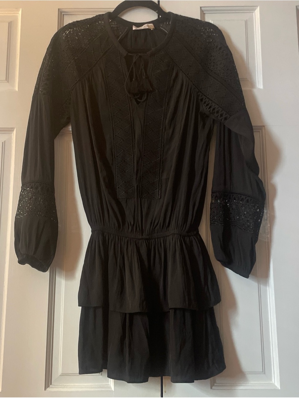 Ramy Brook Winnie Black Dress Lace Inset Tiered Skirt Sz S Tassels Elastic Waist
